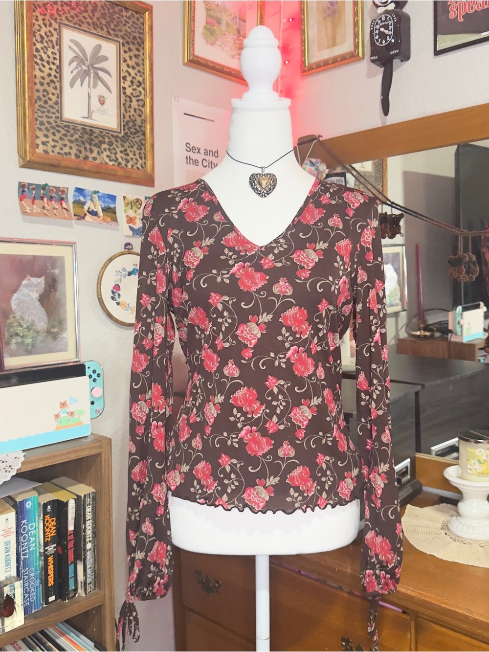 Y2K Brown Floral V-Neck Long Sleeve Top with Pink Roses - Picture 7 of 10